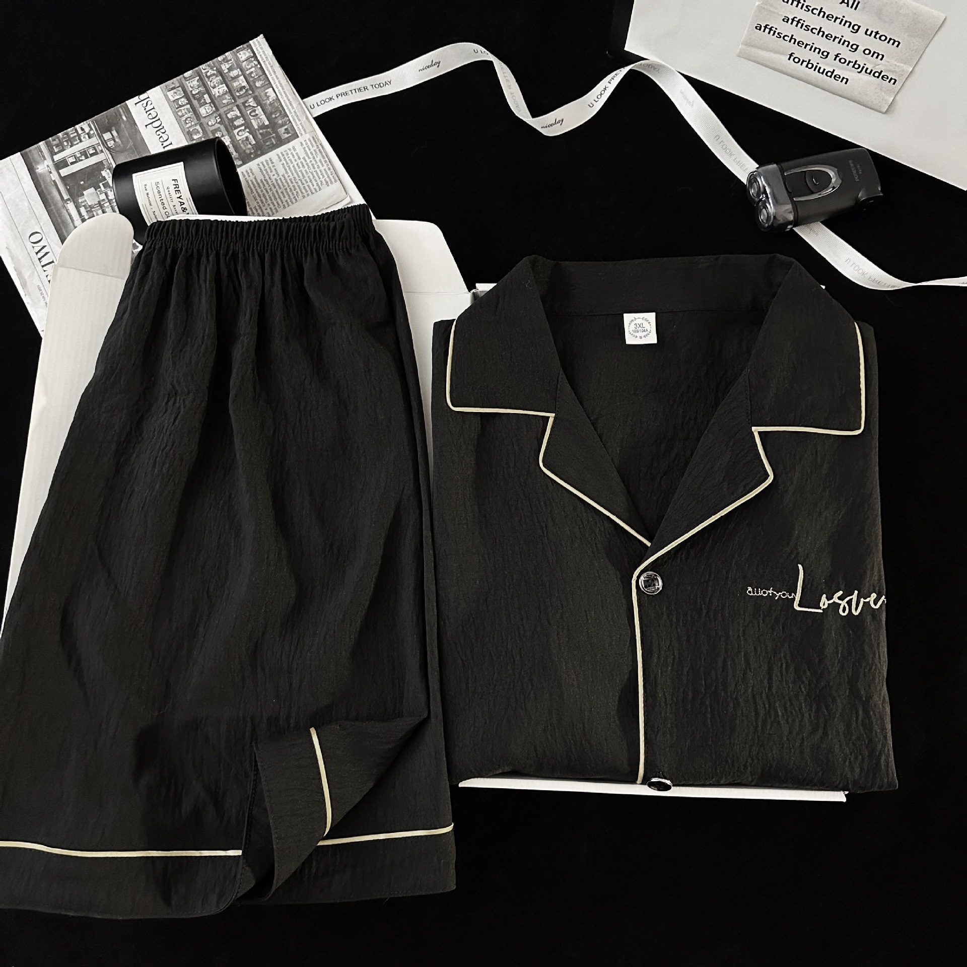 Pijamas de hombre de hilo de algodón de nube negra simple pantalones cortos de verano de manga corta ropa de hogar de gran tamaño casual traje de verano