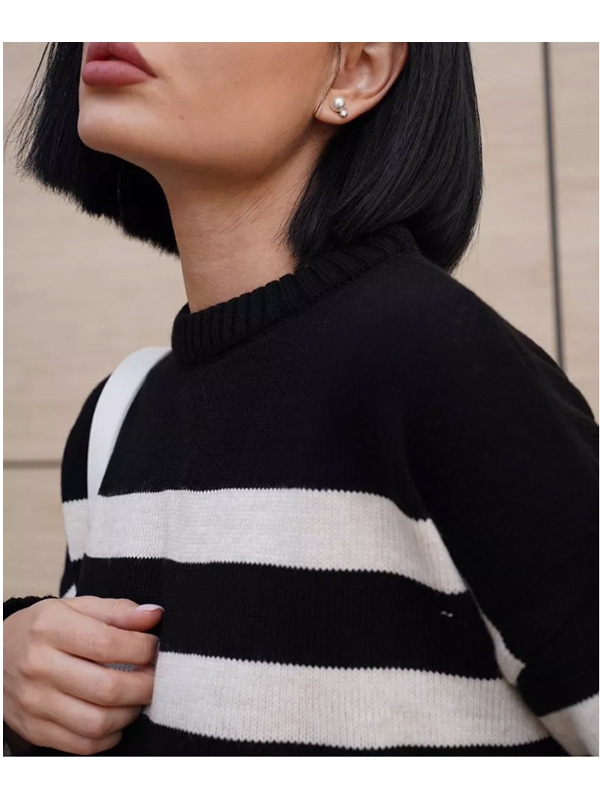 Damen-Strickpullover mit Streifen, Rundhalsausschnitt, langen Ärmeln, lässigem Rippstricksaum und Seitenschlitzen_voghion.com