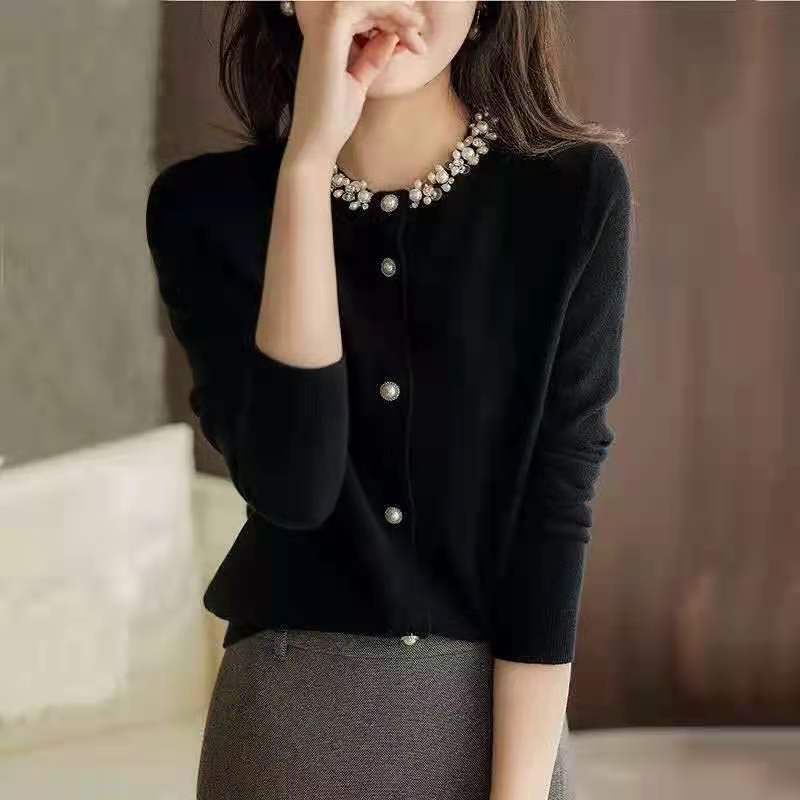 25秋冬新款手工订珠针织衫上衣女设计感小众黑色毛衣ZWL362005VG|undefined
