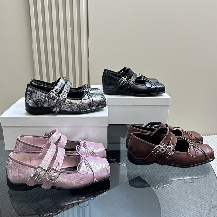 Retro vintage comfortable non-slip low shoes square toe with bow…