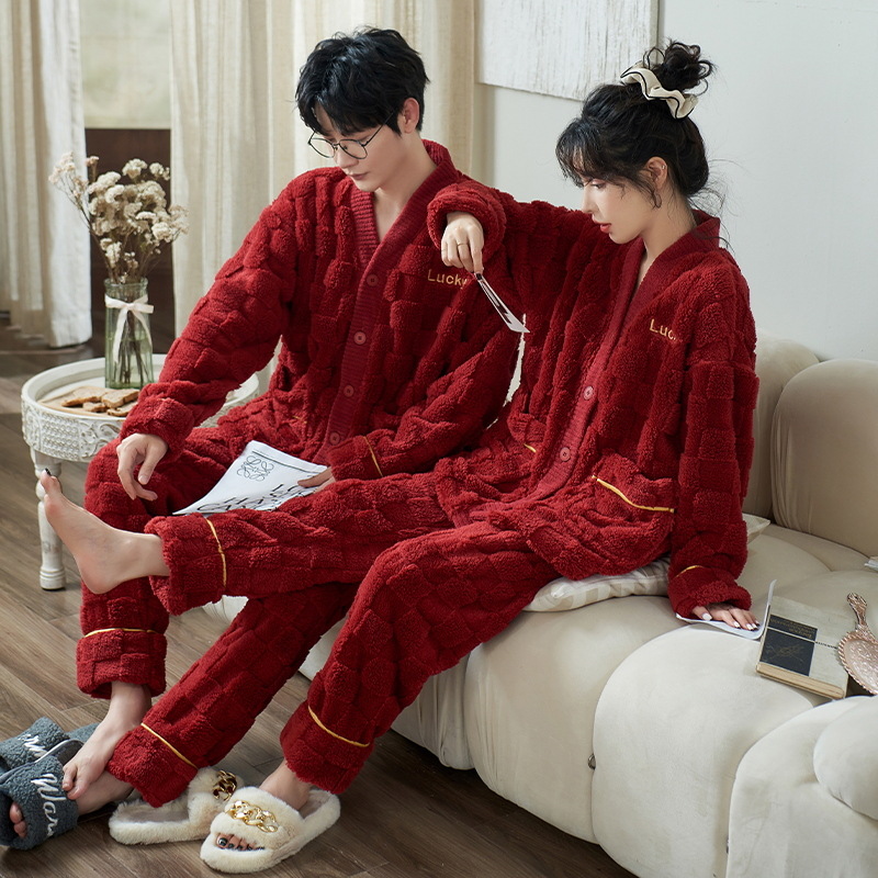 Pareja de franela pijamas invierno espesado Año Nuevo boda festivo rojo los hombres y las mujeres desgaste del hogar traje lana coral