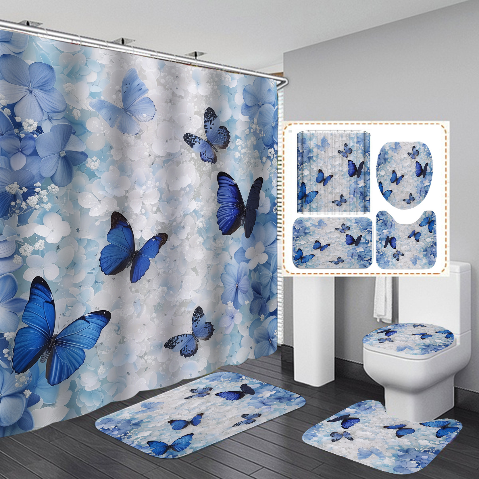 Flor de mariposa impresa cortina de baño a prueba de agua a prueba de moho nuevo tipo de tela retro sin perforación baño cortina de baño