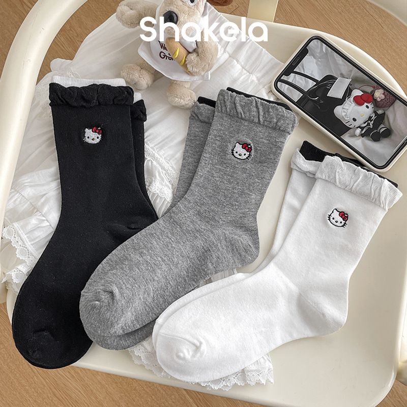 Women's Japanese Embroidered Kitty Cat Cartoon Stacked Socks School Garden Style Flower Bud Rakou Women's Socks Ins Cute Mid-length Socks