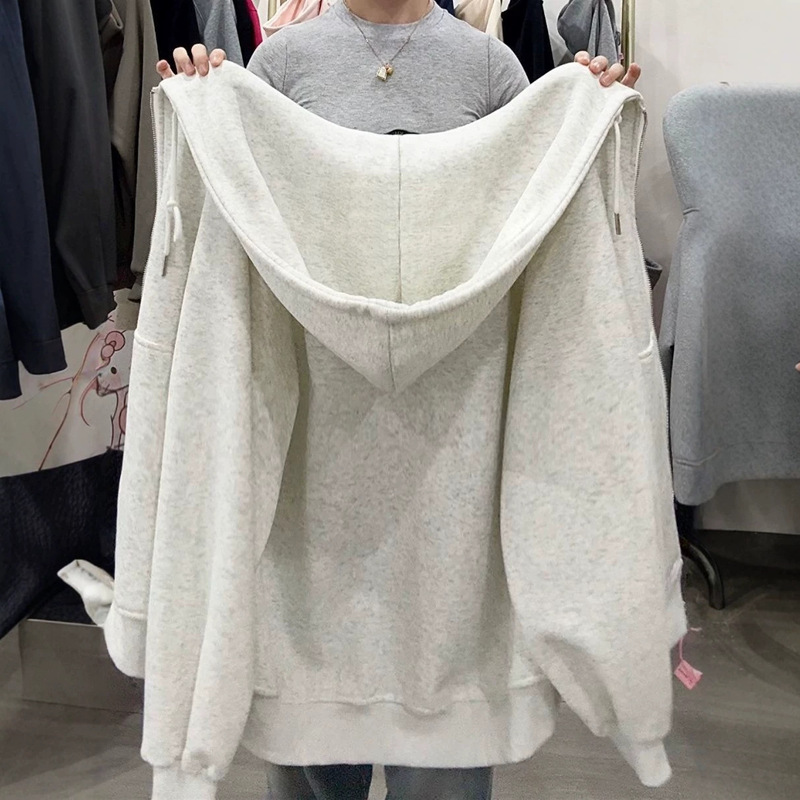 500g heavyweight pure cotton fleece-lined thick hooded sweatshirt jacket for women, loose fit, oversize, zip-up cardigan, trendy