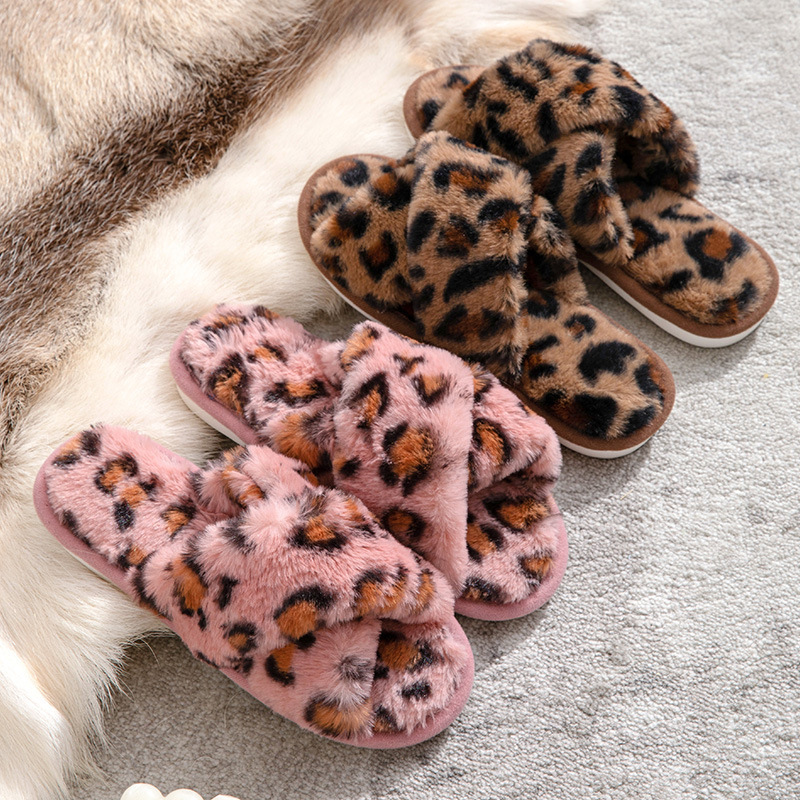 Cross-Border Furry Cross Indoor Home Wooden Floor Open-Toe Autumn and Winter Woolen Cotton Slippers Furry Slippers