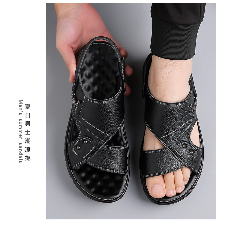 Dép sandal nam da bò thật quai ngang hở mũi, đế mềm chống trượt, đi biển và đi ngoài trời — GX màu nâu 23088, GX đen 23088 chi tiết 21