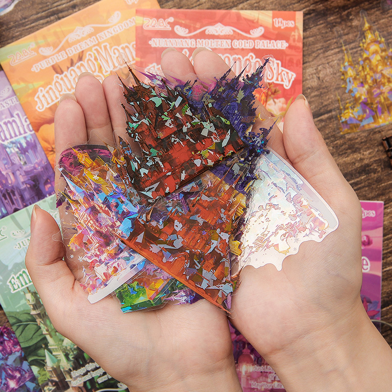 Sky Fortress transparente pegatinas impermeables para mascotas bolsas diy diario de mano pegatinas decorativas pegatinas de construcción láser pegatinas de castillo