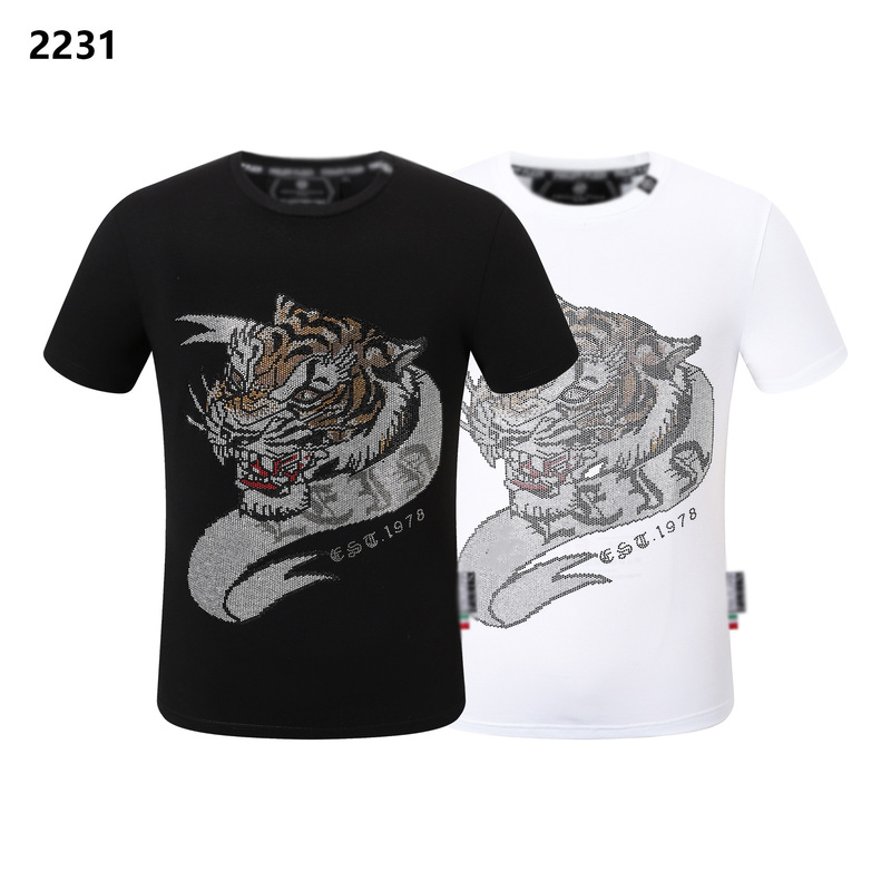 Summer New Plein Men's Top Philip Plein Pure Cotton T-Shirt Slim Fit Round Neck with Rhinestone Dragon Pattern High Quality