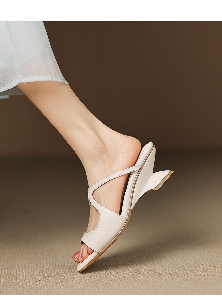 Sandal nữ da bò mũi vuông hở ngón gót lạ mắt — màu đen, màu trắng ngà, bạc chi tiết 14