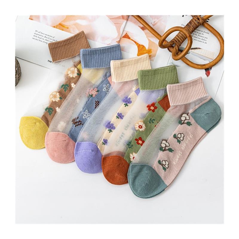 Shisi Summer Ice Silk Short Tube Cotton Bottom Crystal Socks Glass Silk Short Embroidered Cass Boat Socks Breathable Anti-Hook Silk