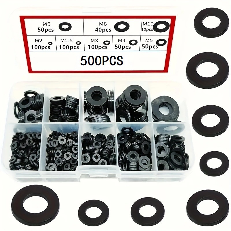 500/1000件黑色尼龙平垫圈套装，适用于电器连接M2-M12跨境组合装