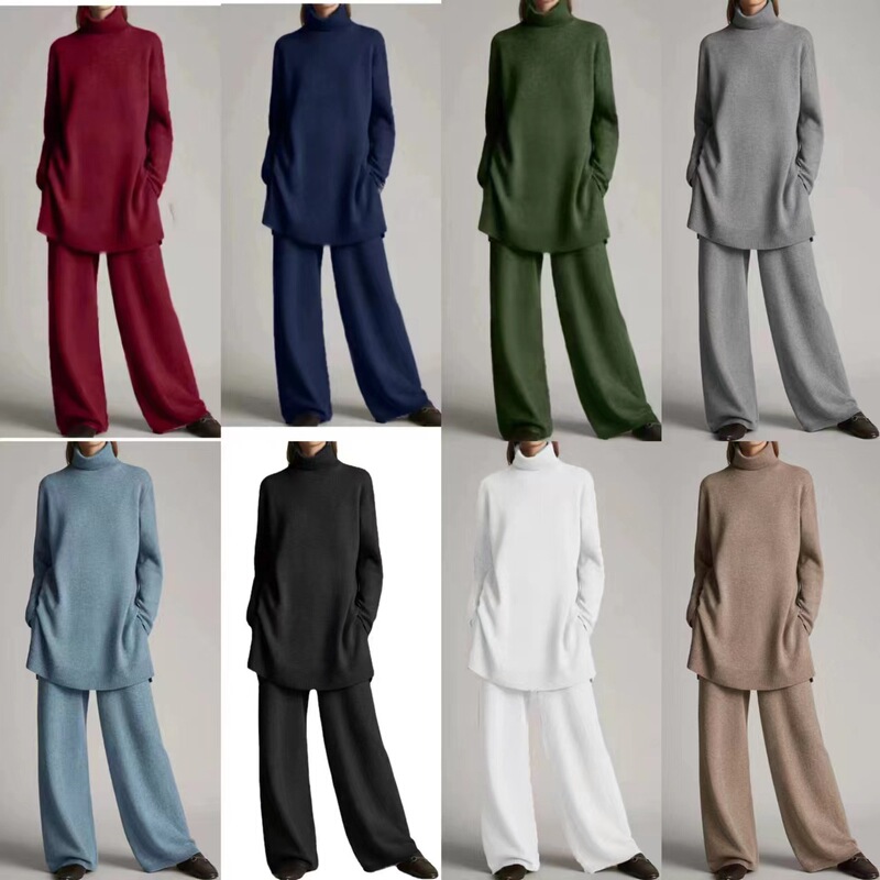 2026 European and American Spring and Autumn Season Amazon Aliexpress New Knit Solid Color High-Neck Loose Casual Two-Piece Set