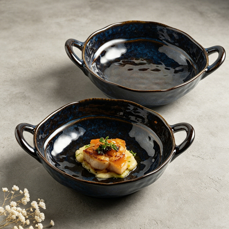Japanese-Style Ceramic Vegetable Salad Bowl with Double Handles, Kiln-Fired Household Dish Plate, Snail Noodle Bowl, Export Surplus Unique Item Japanese-Style Ceramic Vegetable Salad Bowl with Double Handles, Kiln-Fired Household Dish Plate, Snail Noodle Bowl, Export Surplus Unique Item