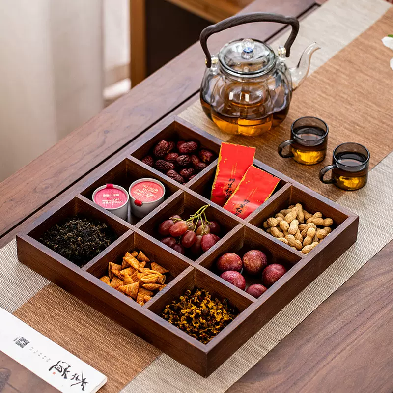 围炉煮茶竹制九宫格干果盘水果零食盘客厅家用点心托盘分格盘茶盘