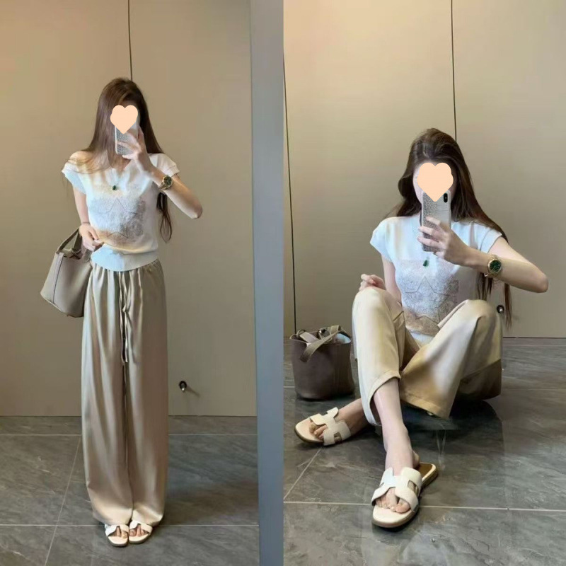 2025 New Summer Fashion Street Slimming Look Draped Knitted Embroidered Top T-Shirt + High Waist Casual Pants Suit for Women