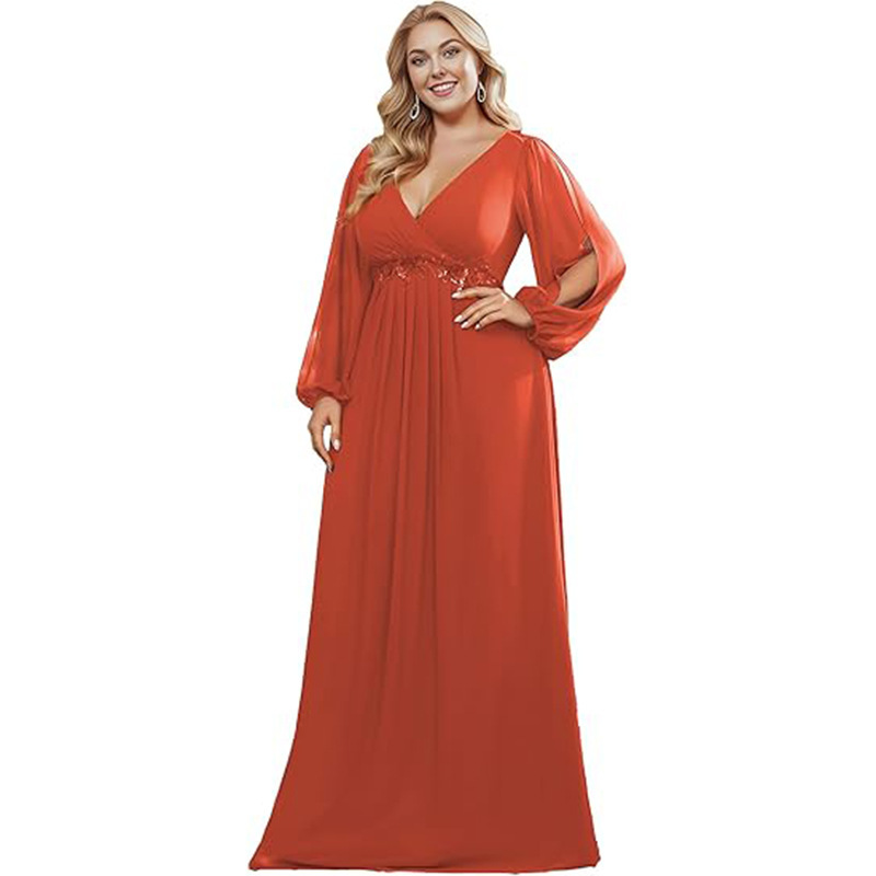 European and American Ebay Bridesmaid Dress New Women's Elegant V-neck Long Sleeve A- line Chiffon Mothers dress