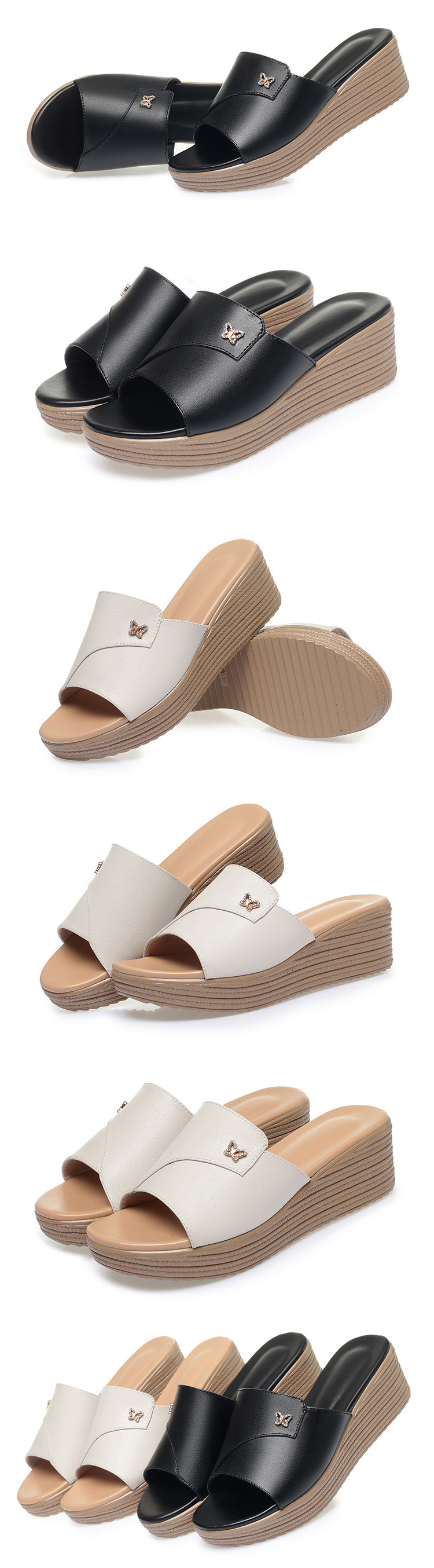 Dép sandal nữ quai chữ V đế xuồng cao 5 cm, da thật mềm mại — màu đen chi tiết 7