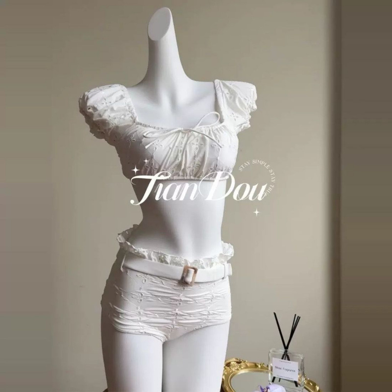 [Roman Holiday] White Lace Pure Desire High-Quality Split Swimsuit Vacation Hot Spring Beach Bikini for Women