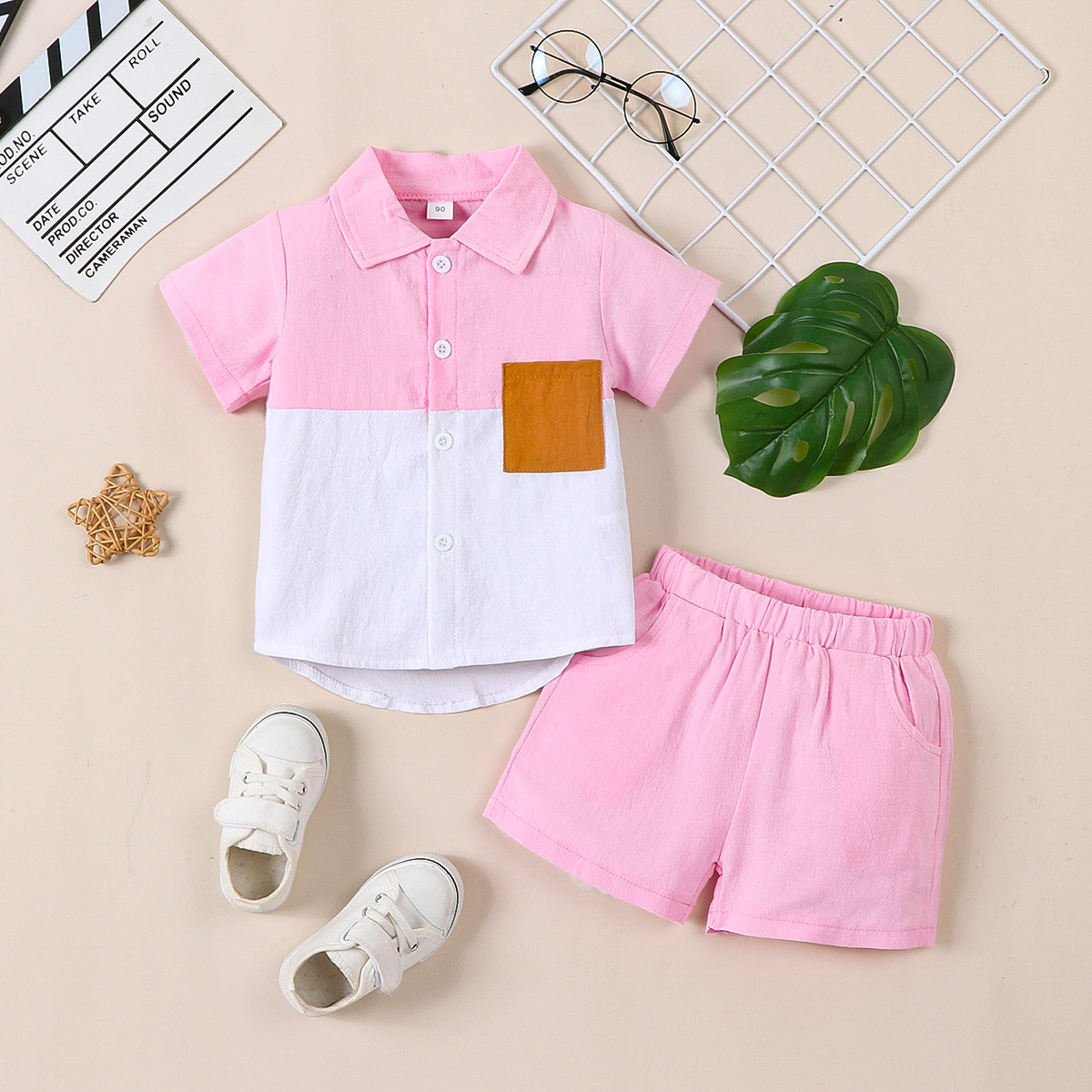 Cross-border boys' summer cotton and linen casual style multi-color short-sleeved lapel shirt color matching boys' summer clothes two-piece suit