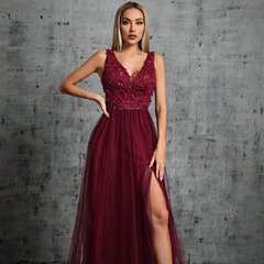 レディースイブニングドレス新作 欧米風シフォンダブルVネックロングドレス ノースリーブAライン 大きな裾 スパンコール装飾 夏スタイル