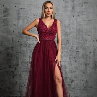 Evening Dress for Women New European and American Style Chiffon Double V Neck Long Skirt Sleeveless A-Line Large Hem Sequin Splicing Summer Style