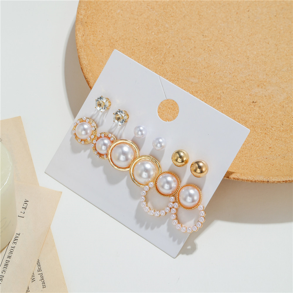 European and American retro inlaid rhinestone flower pearl earrings 6-piece set