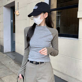 多巴胺保暖德绒长袖打底衫女秋冬季短款T恤显瘦百搭修身上衣拼色