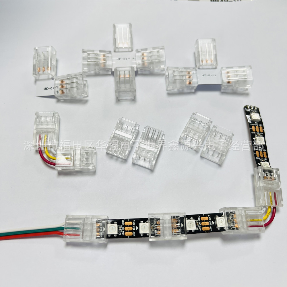 幻彩流水LED灯条3Pin 10mm宽CCT双色灯带免焊透明水晶卡扣L型连接