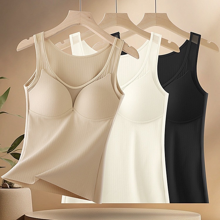 Otoño y invierno cálido chaleco de malla abrasivo fijo para mujeres una taza sin marcas delgada larga ropa interior de fondo de almacenamiento de calor
