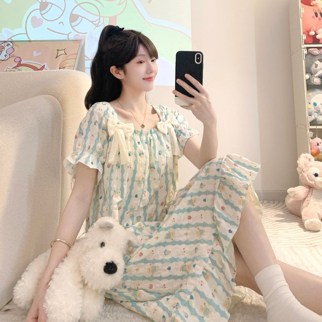 Nubes, algodón, algodón, cojín para el pecho, camisón, verano dulce, estilo ins, manga corta, pijamas sueltos de longitud media, ropa de hogar, ropa exterior