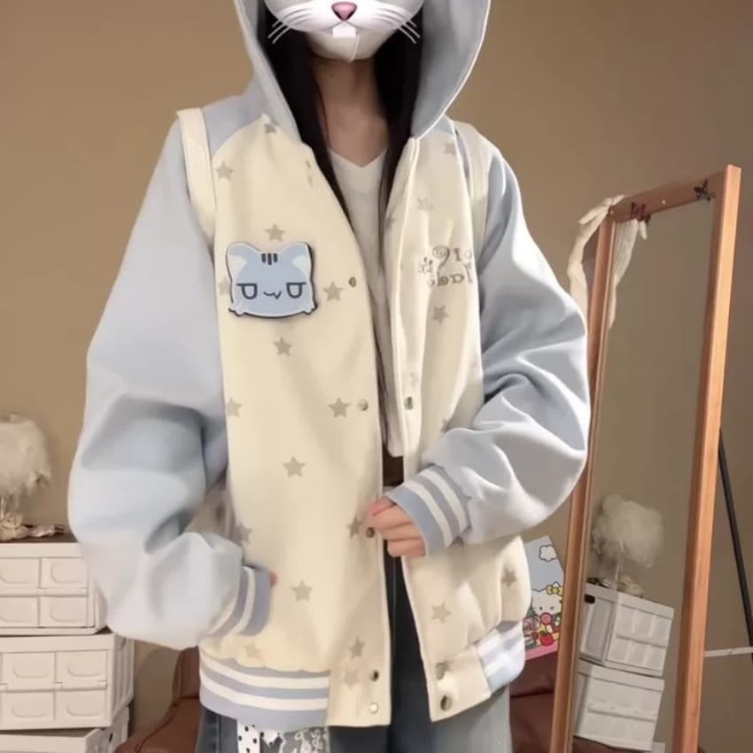 Cute and adorable cat-themed Velcro color-blocked hooded sweatshirt, new autumn/winter cardigan, new baseball jacket.