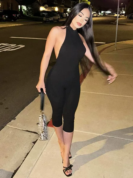 European and American Women's Clothing 2026 Summer Amazon New Product Solid Color Sleeveless Halter Neck Backless Sexy Slim Fit Jumpsuit Wholesale