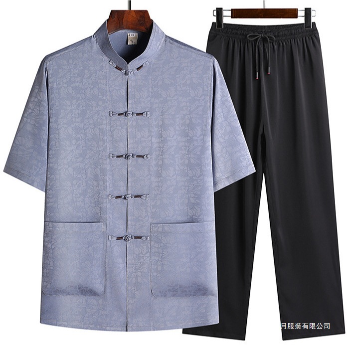 唐装男冰丝夏季短袖套装中老年薄款衣服中国风爸爸装爷爷汉服上衣