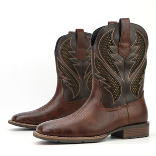 Men's Retro Embroidered Hollow Personalized Fashion Cowboy Boots Striped Embroidered Western Boots