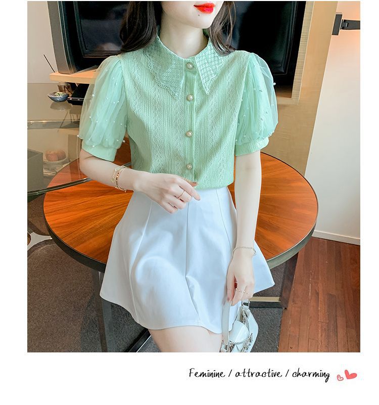 Camicetta da donna in pizzo con maniche a palloncino in rete con perline, cardigan estivo a maniche corte, top trasparente casual, abbigliamento da strada alla moda_voghion.com