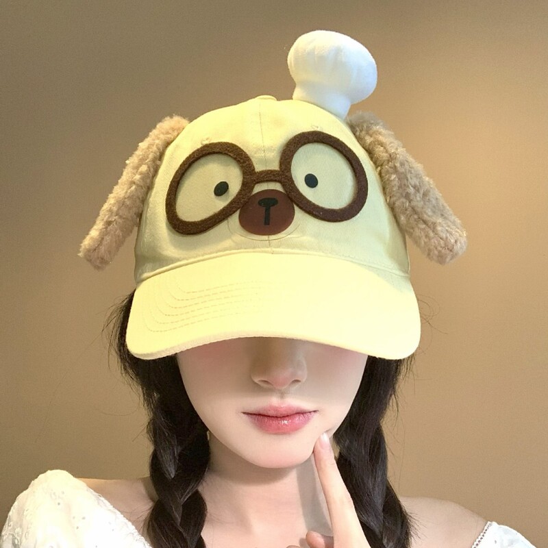 可爱蝴蝶结纽扣小狗棒球帽甜美百搭潮流毛绒耳朵显脸小鸭舌帽|undefined
