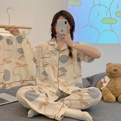 Pijamas de verano para mujer 2025, nuevo conjunto de tres piezas de cárdigan de manga corta, talla grande, delgado, pantalones largos, conjunto de ropa para estar en casa