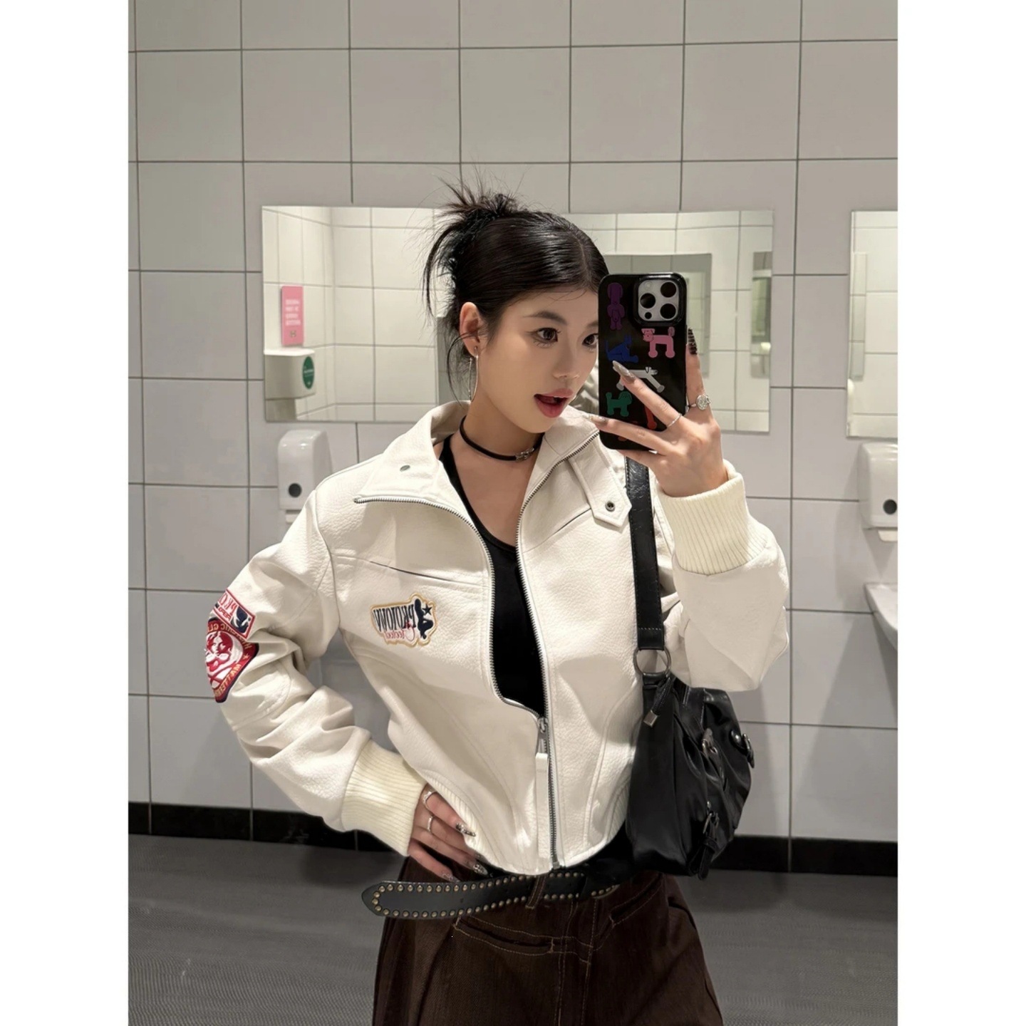 美式复古立领皮衣女魔头机车服截短PU皮夹克赛车章仔外套