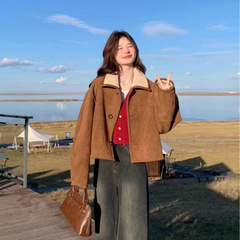 欧美跨境亚马逊双面穿仿鹿皮绒上衣女秋冬小个子百搭仿羊羔毛外套