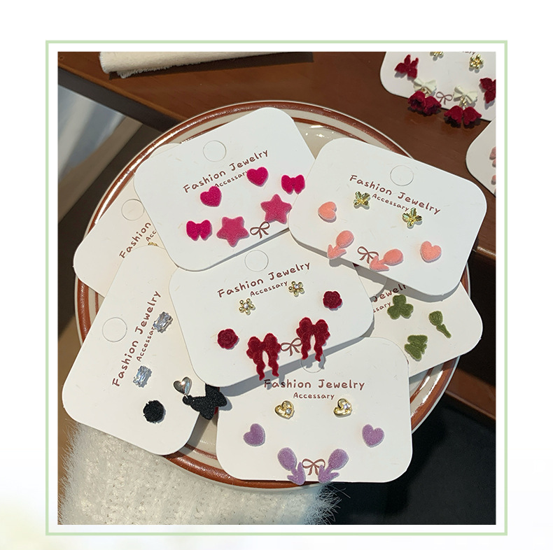 5g Weight Alloy Ear Needle Material 1 Set Sweet Heart Shape Bow Knot Flocking Ear Studs
