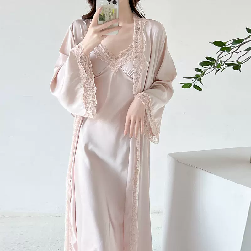 睡衣女春夏季冰丝长款过膝睡裙睡袍套装秋冬法式宫廷风复古家居服