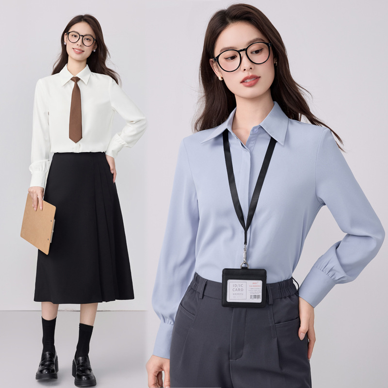 蓝色衬衫女长袖2025新款职业正装内搭衬衣气质通勤面试工作服上衣