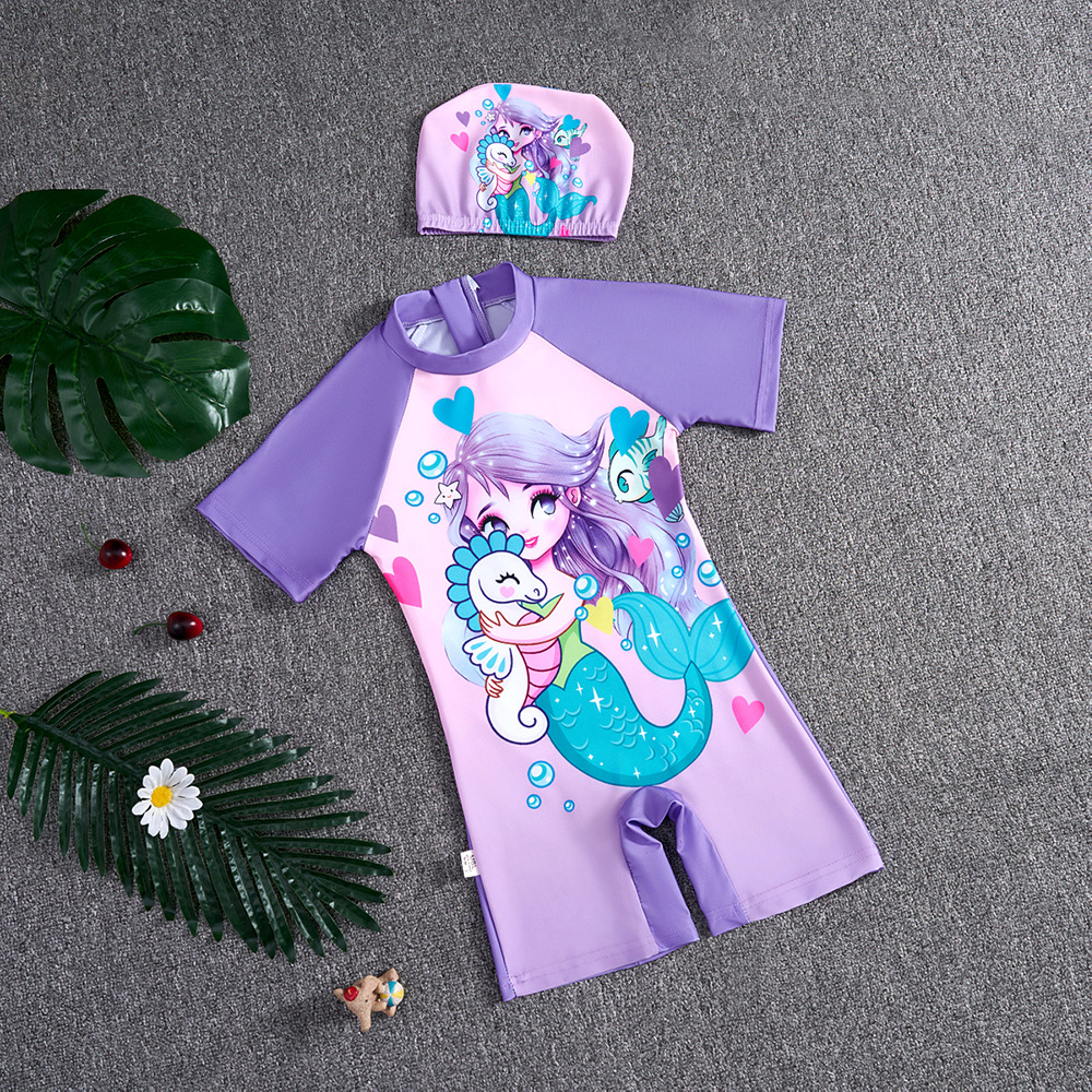 New summer children's swimsuit, one-piece cartoon style, girls' swimsuit, short-sleeved swim cap, little girl swimming set with sun protection.