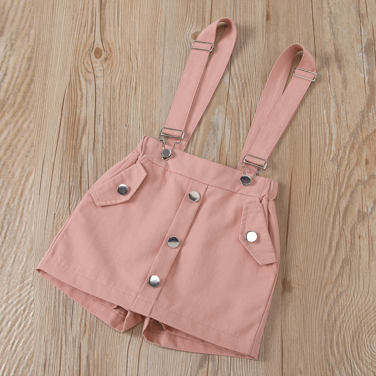 2022 European and American cross-border new children's clothing solid color hollow out fly sleeve round neck top detachable straps shorts skirt