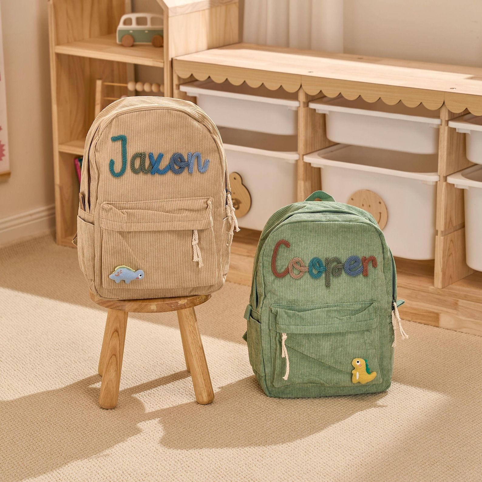 ETSY cross-border corduroy children's backpack with handmade knitted adhesive name tags, custom school backpack