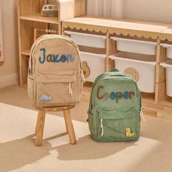 ETSY cross-border corduroy children's backpack with handmade knitted adhesive name tags, custom school backpack