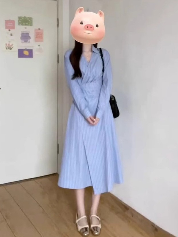 法式蓝色氛围感条纹长袖衬衫连衣裙2025秋冬新款气质收腰显瘦长裙|undefined