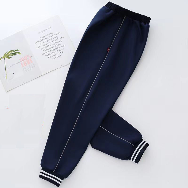 Threaded White Striped Leg Cuffs Navy Blue School Uniform Pants Thin Gray Reflective Strips Kidsren's Primary and Secondary School Students' Sports Pants Large Size