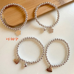 Children's silver chain bracelet with cute small flowers and heart bells engraved parent-child chain 4MM kids elastic cord pure silver chain