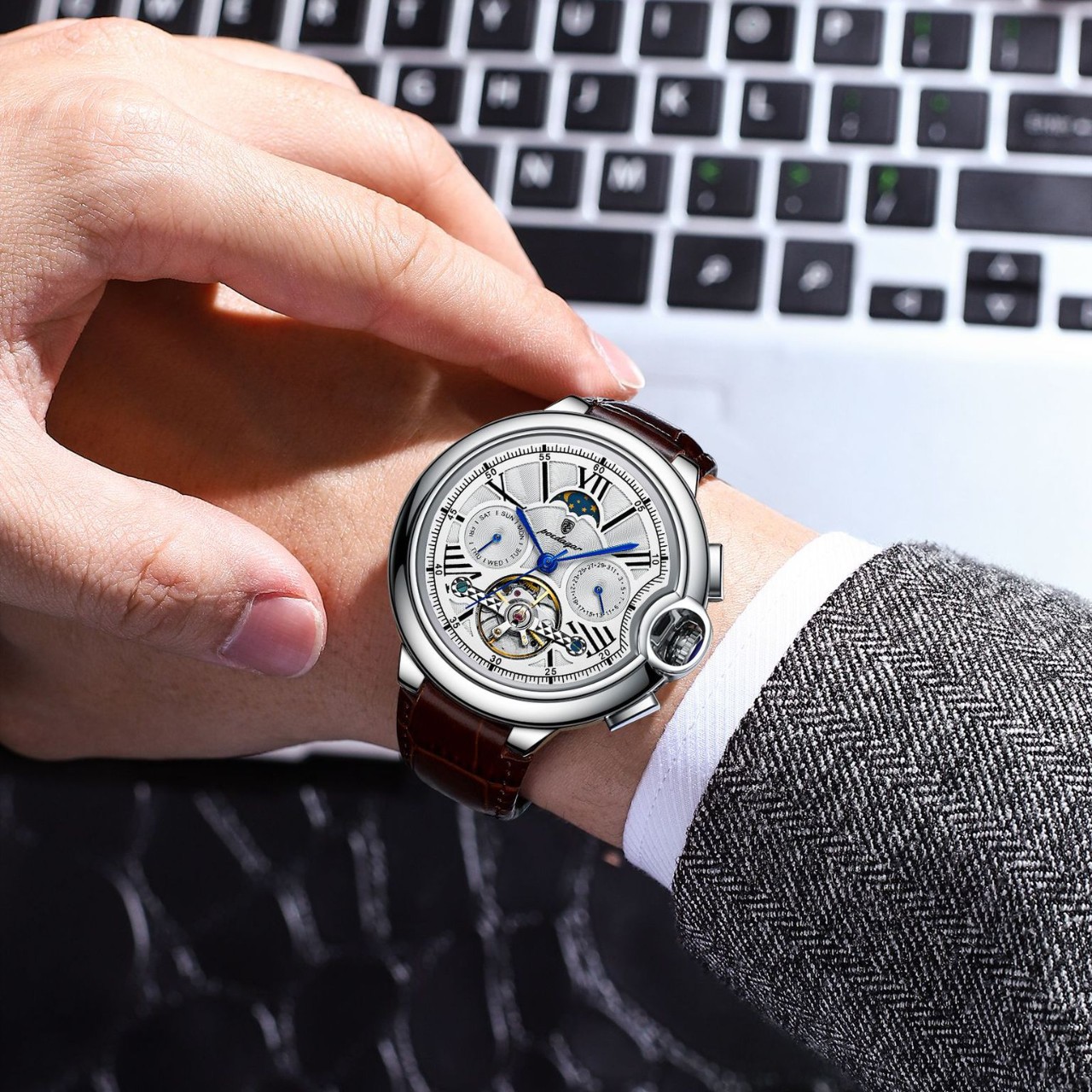POEDAGAR Pedagree nuevo reloj mecánico impermeable para hombres turbón automático correa de reloj cómodo 1413